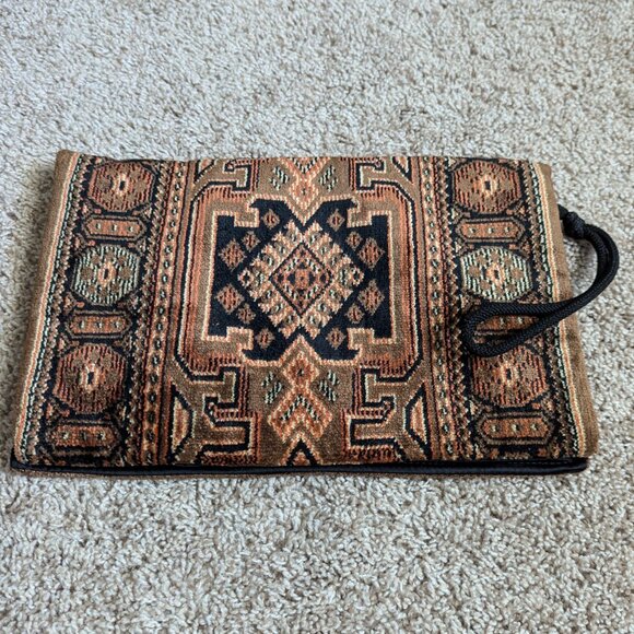 Vintage Clutch Womens Brown Tapestry Southwestern Brushed Fabric Satin Lined - Picture 3 of 8